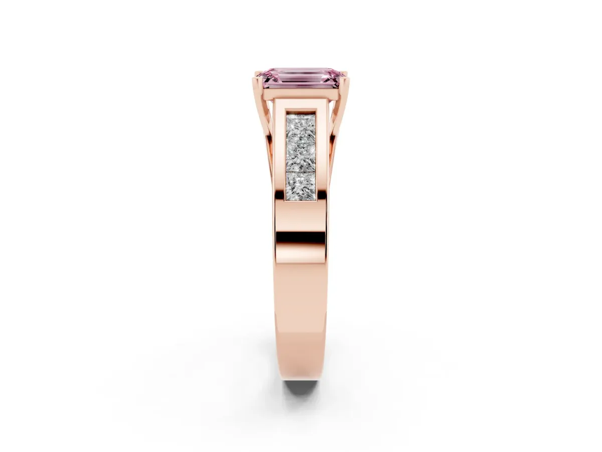 Fancy Pink Emerald Cut Cut Channel Set Solitaire Ring with Four-Prong Setting Rose gold
