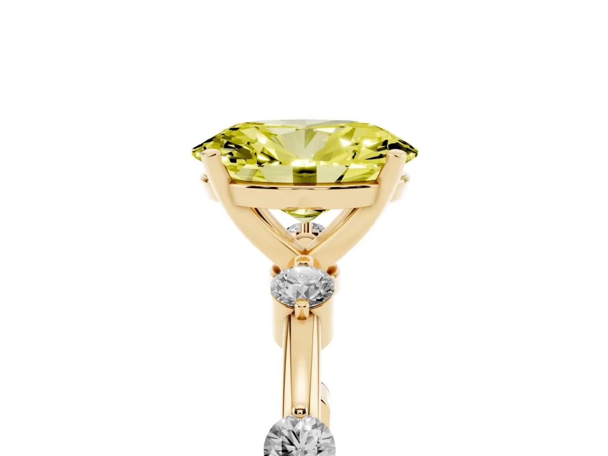 Fancy Yellow Oval Cut Solitaire Diamond Ring with Bezel Set Side Stones and Prong Setting Yellow gold