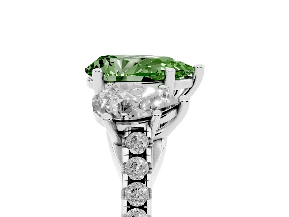 Fancy Green Three-Stone Pear Cut Diamond Ring with Round Pavé Band and Prong Setting Silver