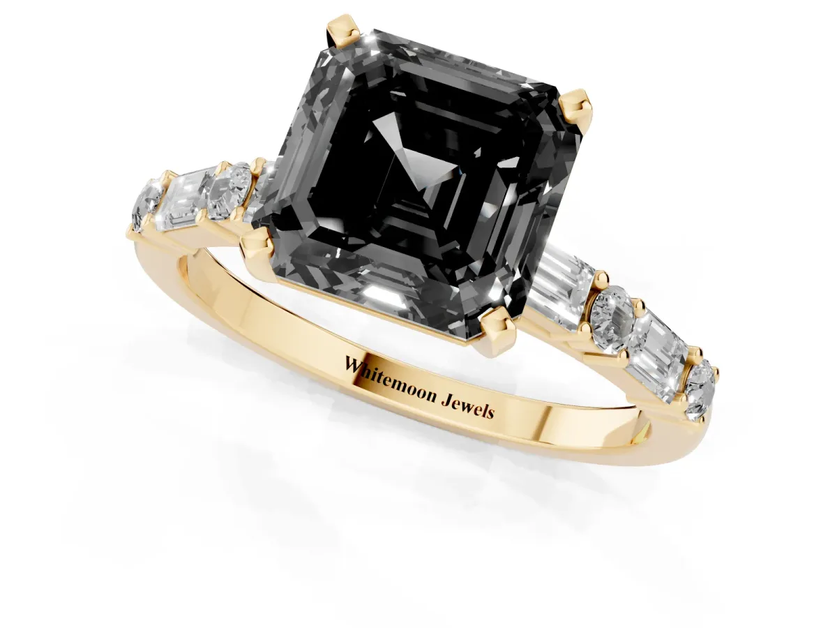 Fancy Black Asscher Cut Diamond Solitaire with Side Baguettes and Channel Set Band Yellow gold