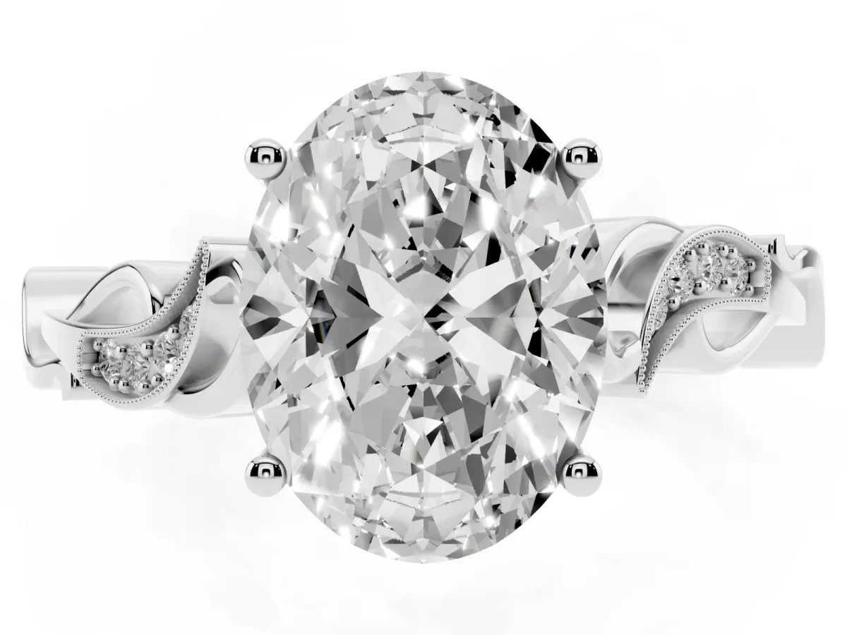 Oval Cut Solitaire Vine Band with Milgrain Prong Setting White gold