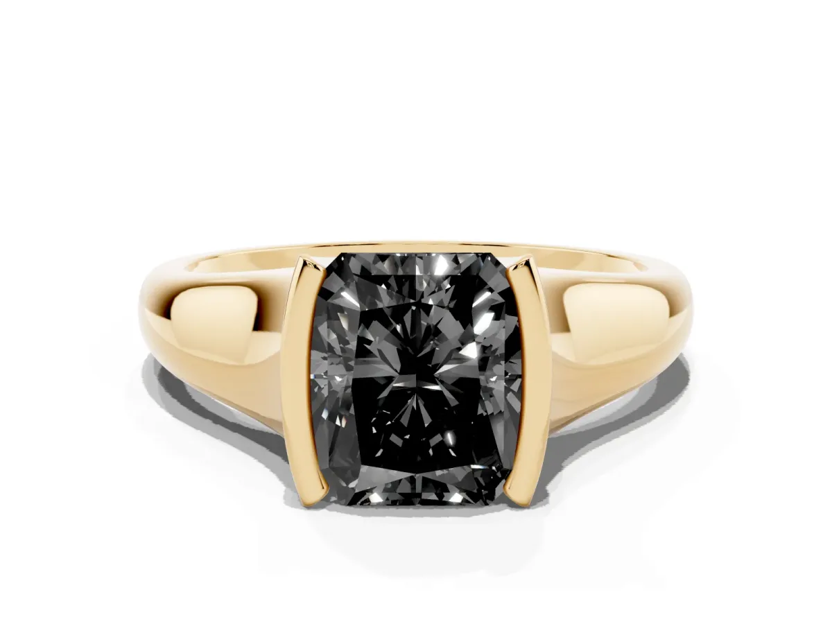 Fancy Black Radiant Cut Solitaire Tension Set Diamond Ring with Split Shank Band Yellow gold