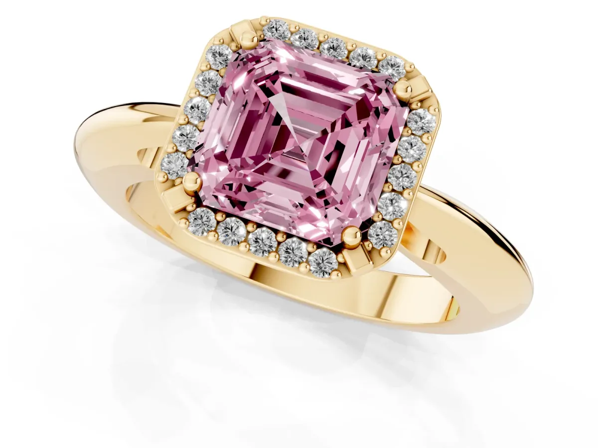 Fancy Pink Asscher Cut Cut Diamond Halo Engagement Ring with Split Shank and Four-Prong Setting Yellow gold