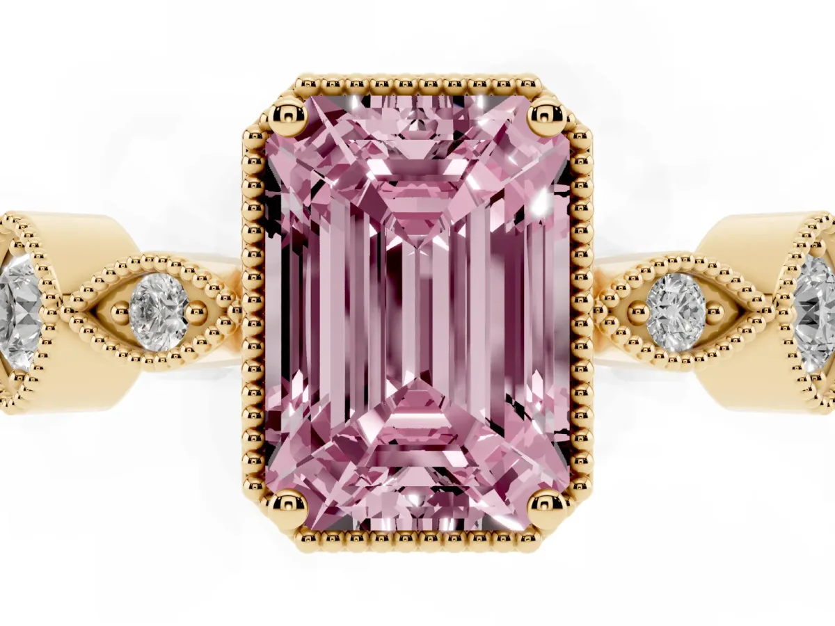 Fancy Pink Emerald Cut Diamond Vintage Milgrain Ring with Round Stations Yellow gold