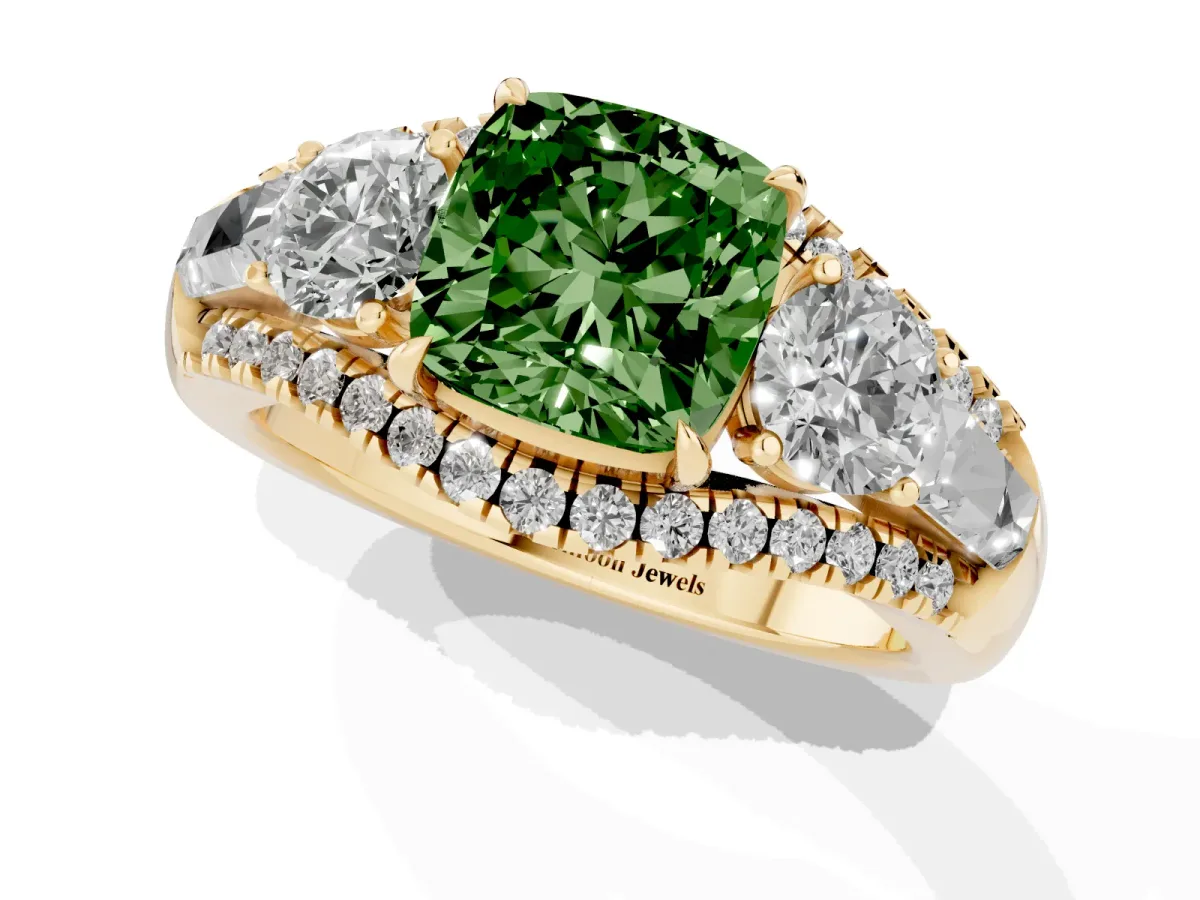 Fancy Green Three-Stone Cushion Cut Diamond Engagement Ring with Pave Band and Prong Setting Yellow gold