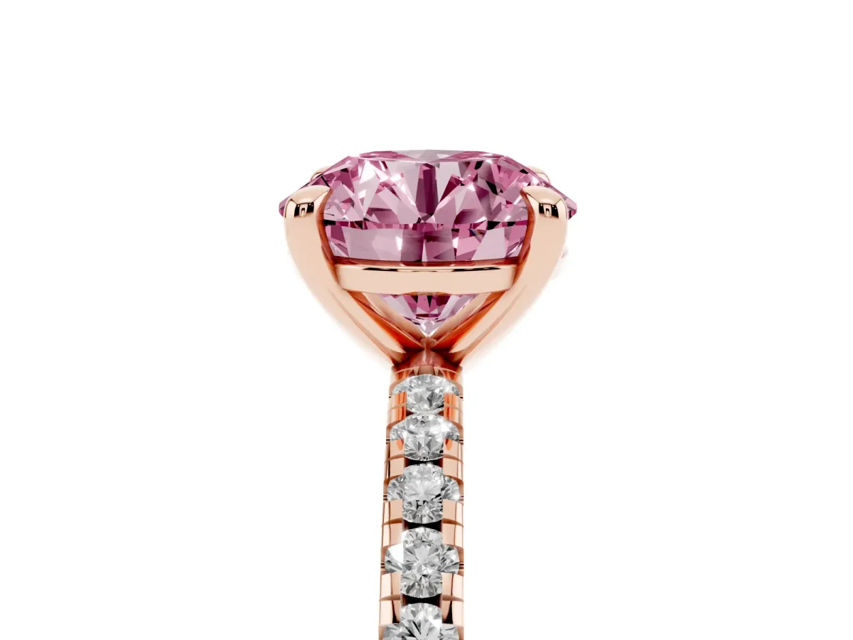 Fancy Pink Round Cut Diamond Brilliant Solitaire Ring with Pavé Band and Four-Prong Setting Rose gold