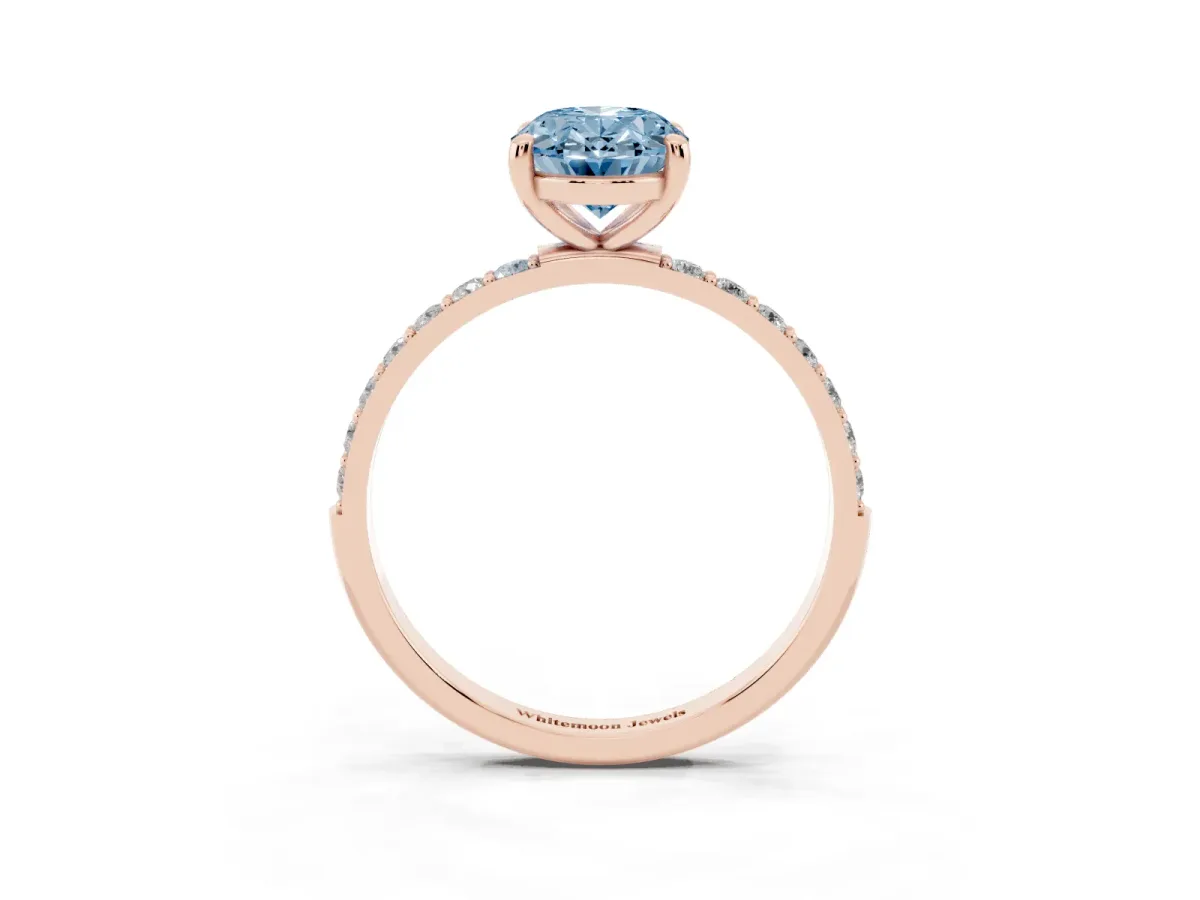 Fancy Blue Oval Cut Diamond Solitaire Ring with Round Pavé Band and Prong Setting Rose gold