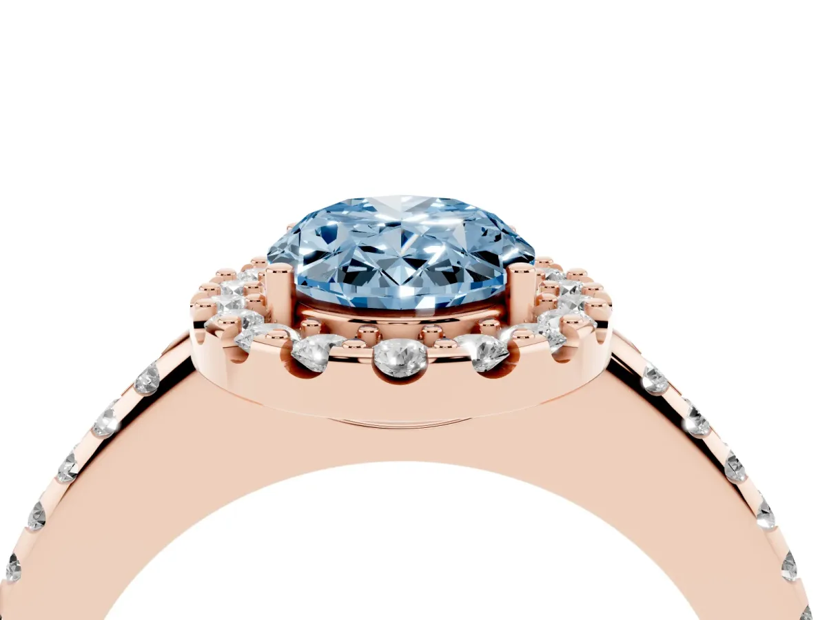 Fancy Blue Oval Cut Diamond Pavé Halo Ring with Four-Prong Setting Rose gold