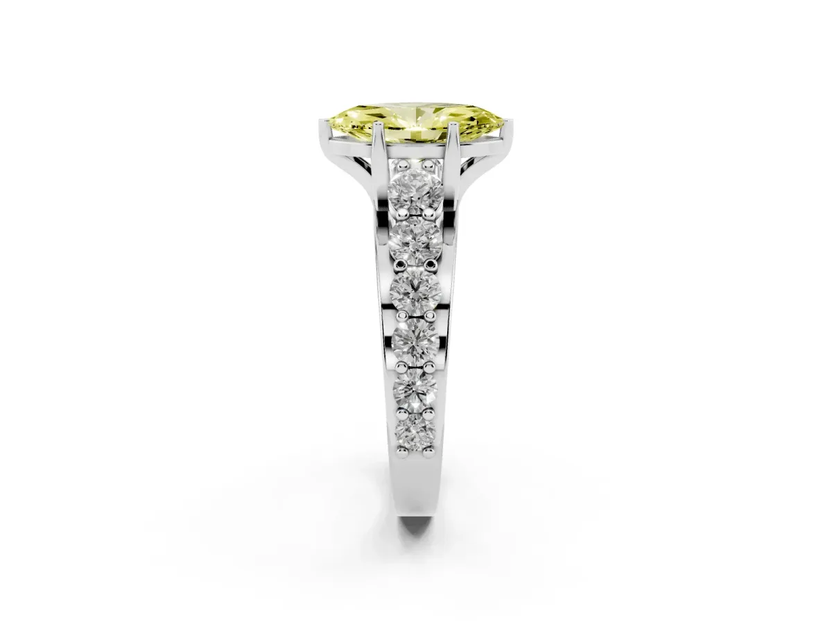 Fancy Yellow Marquise Cut Diamond Engagement Ring with Pavé Band and Four-Prong Setting Silver
