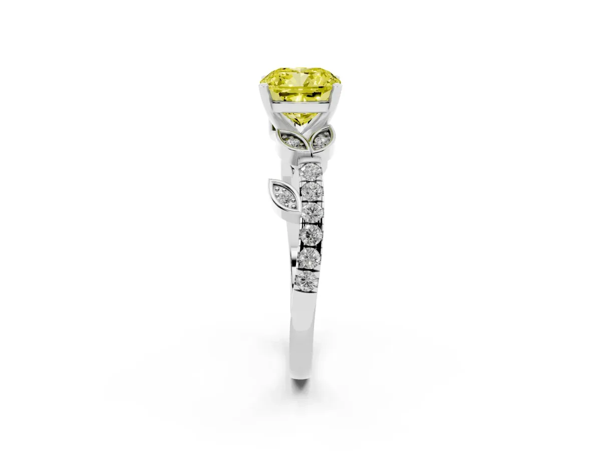 Fancy Yellow Cushion Cut Solitaire Leaf-Inspired Diamond Ring with Pavé Band and Four-Prong Setting Silver