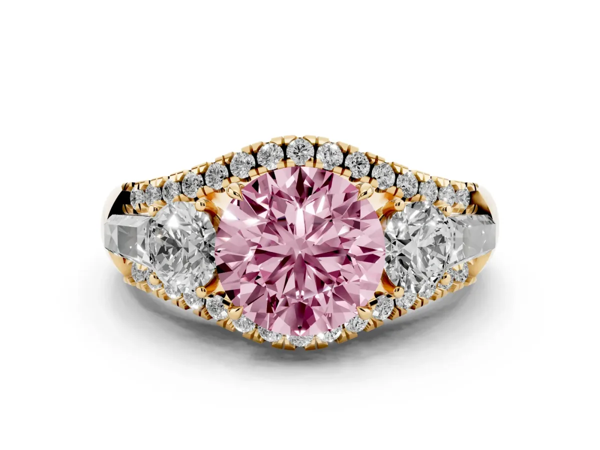 Fancy Pink Three-Stone Round Cut Diamond Engagement Ring with Pave Band and Prong Setting Yellow gold