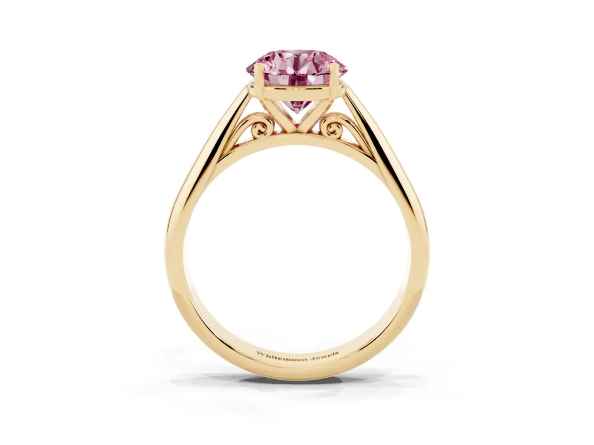Fancy Pink Round Cut Diamond Solitaire Engagement Ring with Cathedral Setting and Four-Prong Mount Yellow gold