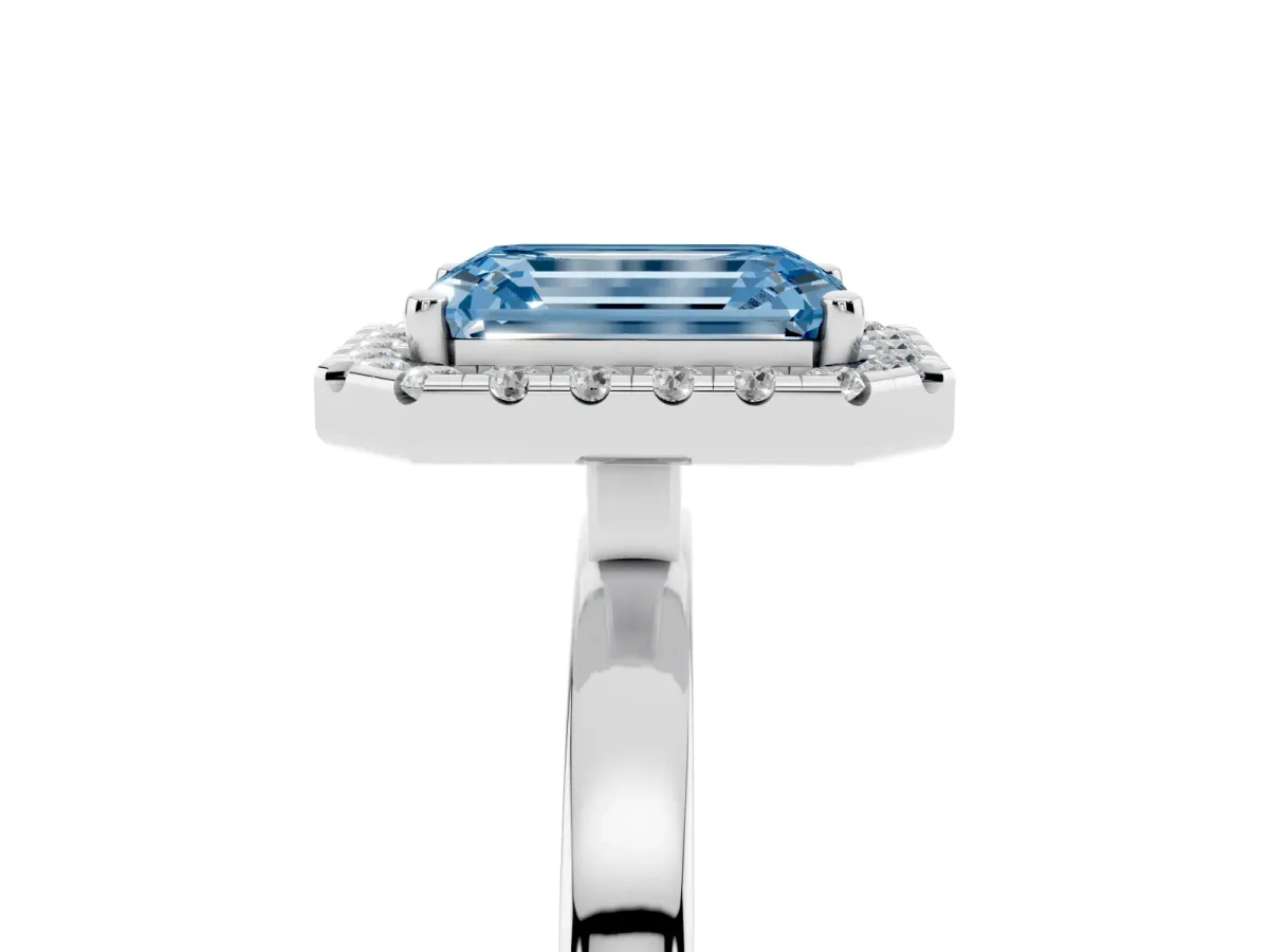 Fancy Blue Emerald Cut Halo Diamond Solitaire with Pavé Band and Four-Prong Setting White gold