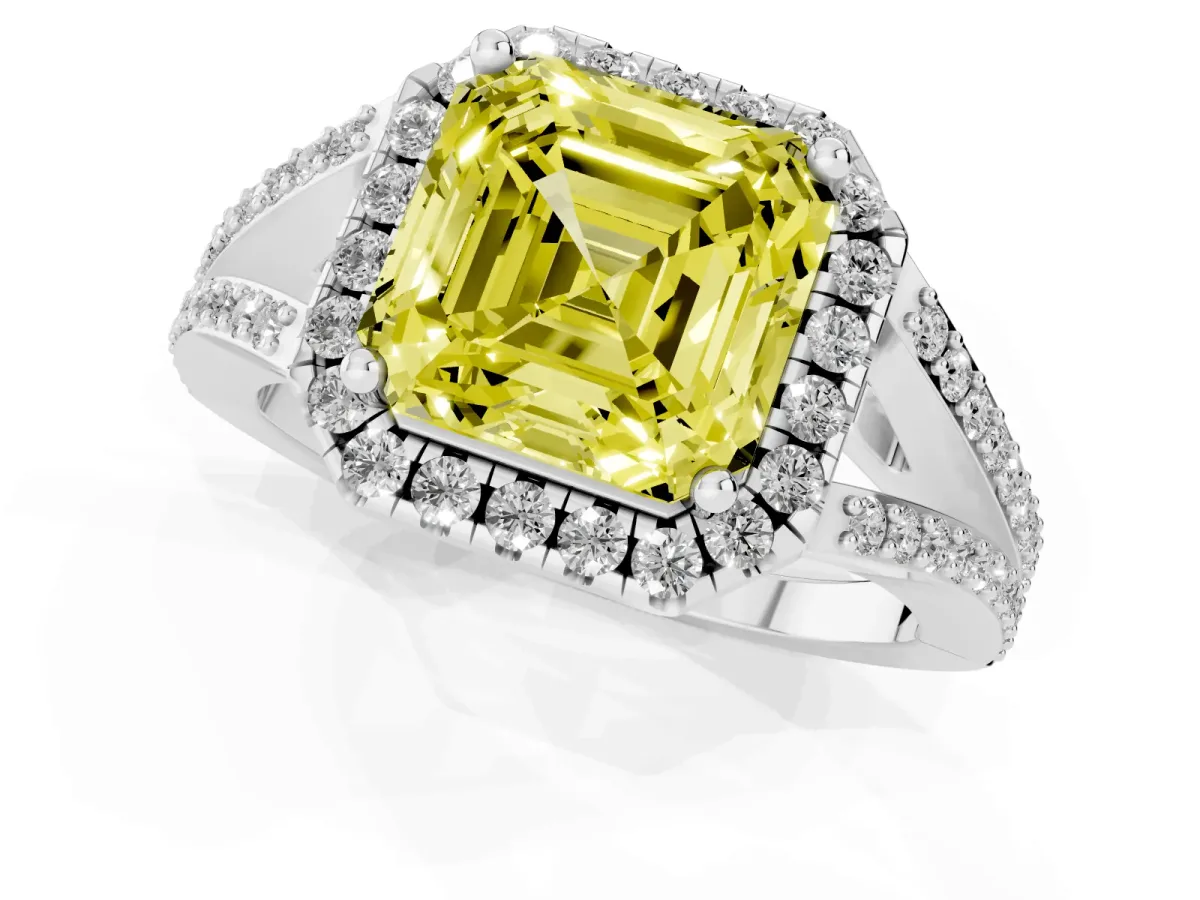 Fancy Yellow Asscher Cut Halo Split Shank Diamond Ring with Prong Setting Silver