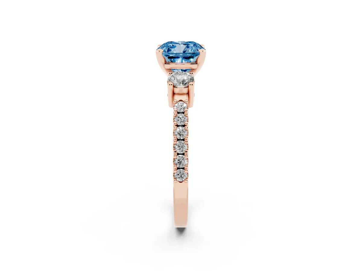 Fancy Blue Cushion Cut Three-Stone Diamond Pavé Band with Prong Setting Rose gold