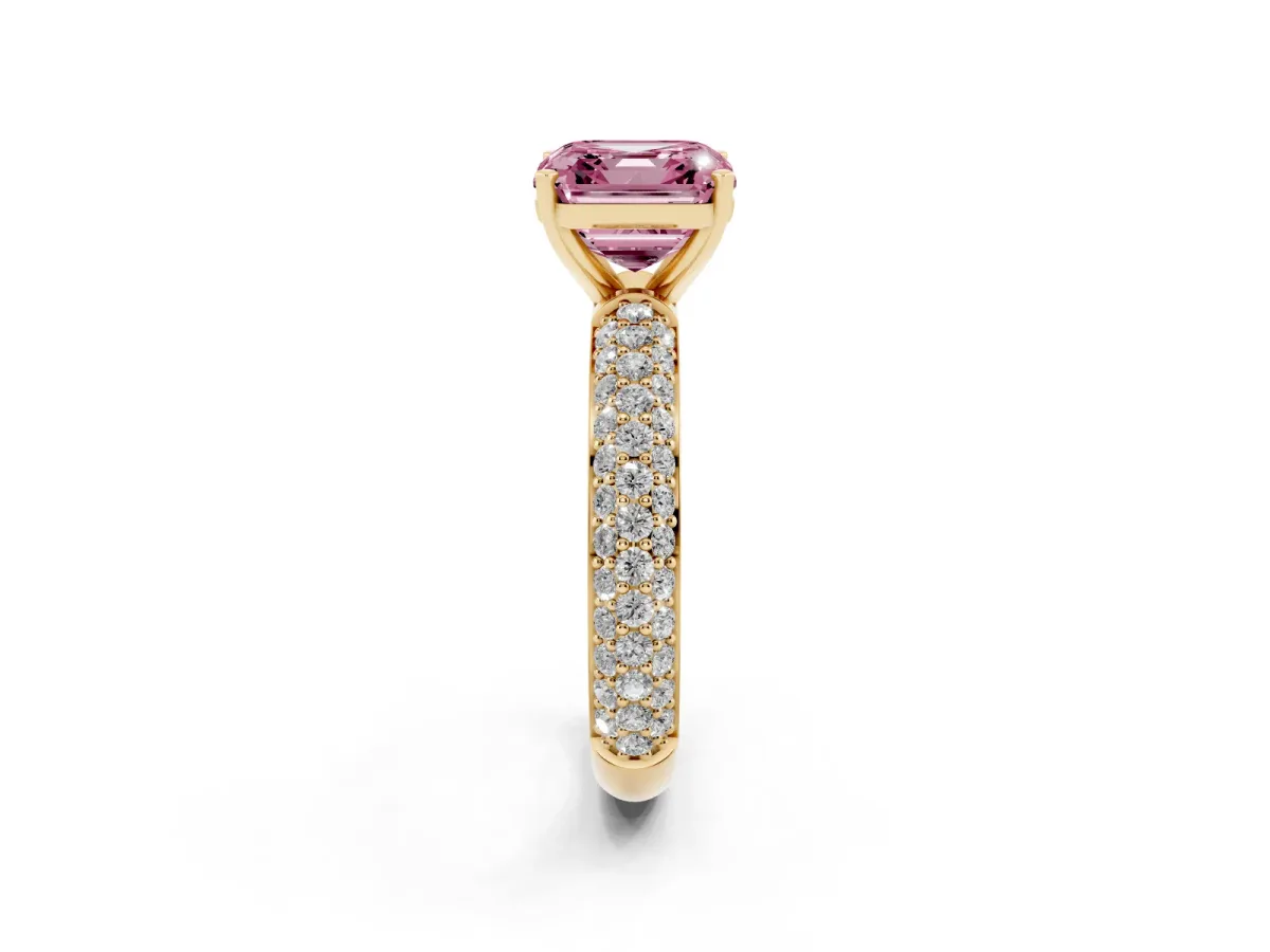 Fancy Pink Asscher Cut Diamond Solitaire Ring with Prong Setting and Pavé Band Yellow gold