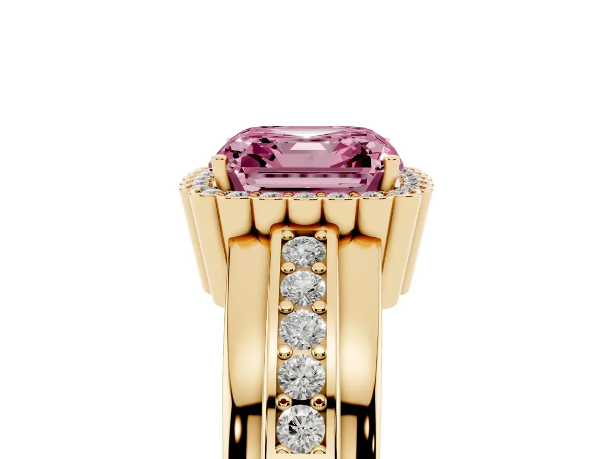 Fancy Pink Asscher Cut Cut Halo Pave Band Four-Prong Ring Yellow gold