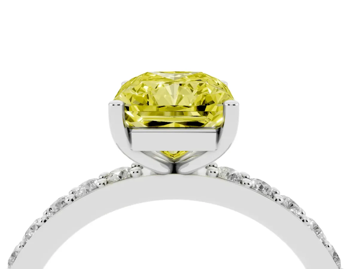 Fancy Yellow Radiant Cut Cut Diamond Solitaire with Pave Band and Four-Prong Setting Platinum