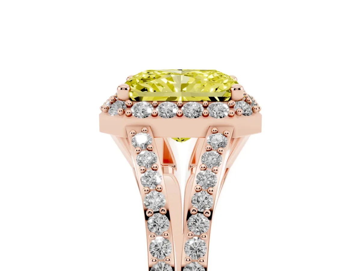Fancy Yellow Radiant Cut Halo Split Shank Diamond Ring with Prong Setting Rose gold