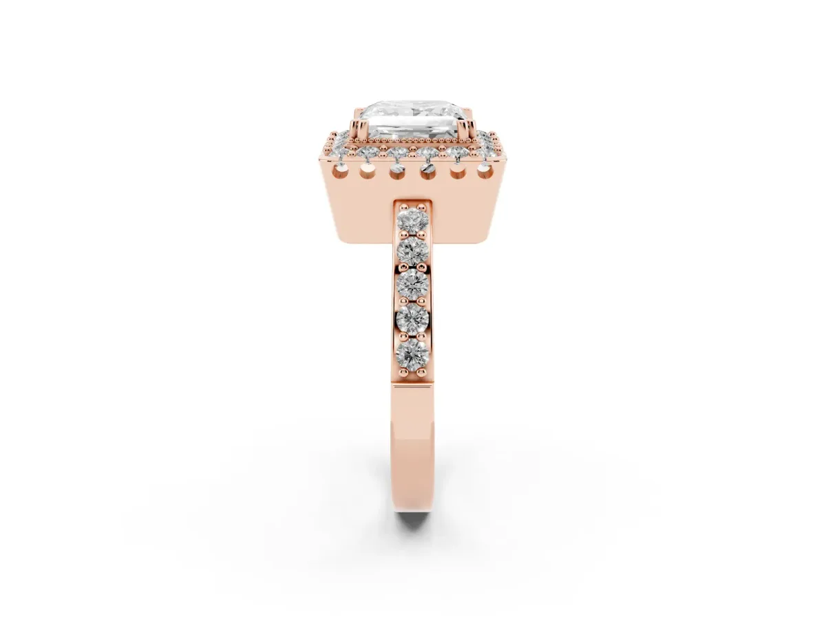 Princess Cut Diamond Halo Ring with Pavé Band and Prong Setting Rose gold