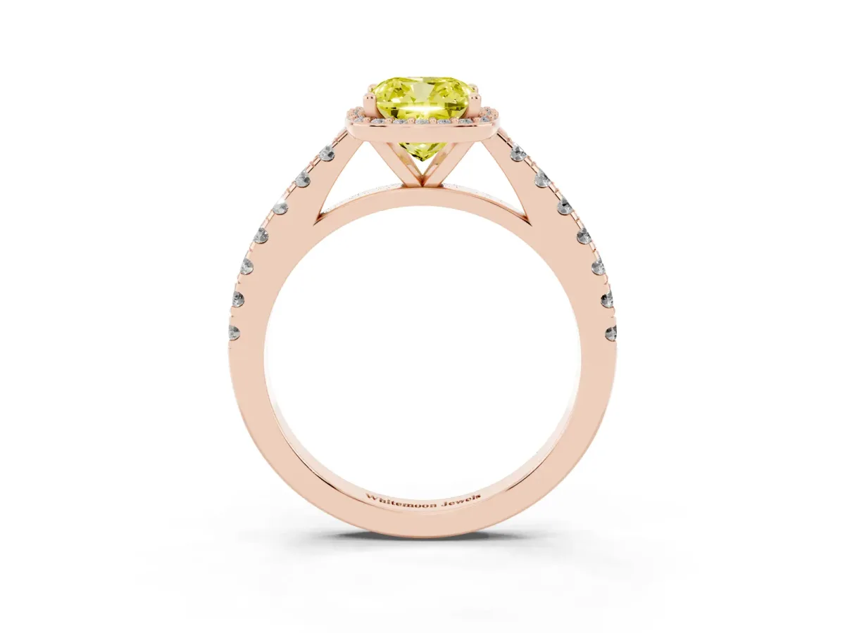 Fancy Yellow Cushion Cut Cut Halo Diamond Engagement Ring with Pave Band and Four-Prong Setting Rose gold