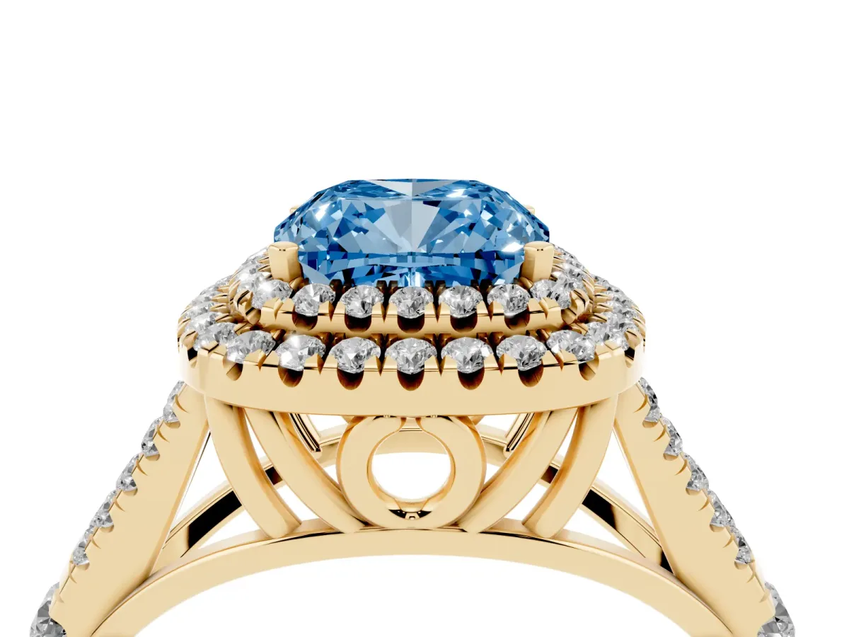 Fancy Blue Cushion Cut Diamond Pavé Split Shank Double Halo Engagement Ring Yellow gold