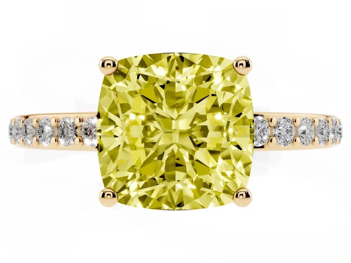 Fancy Yellow Cushion Cut Cut Diamond Pavé Band Ring with Four-Prong Setting Yellow gold