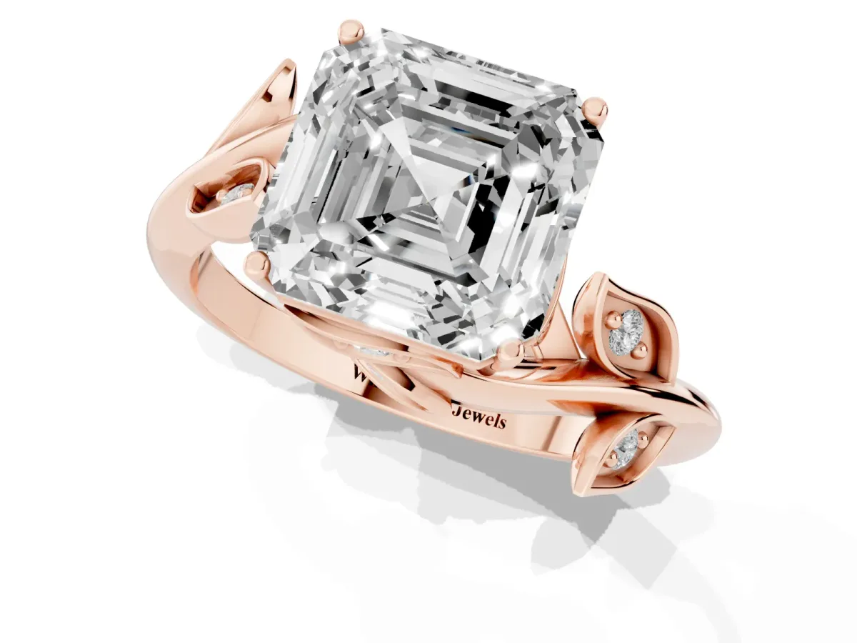 Asscher Cut Solitaire Twist Engagement Ring with Leaf Accents and Prong Setting Rose gold