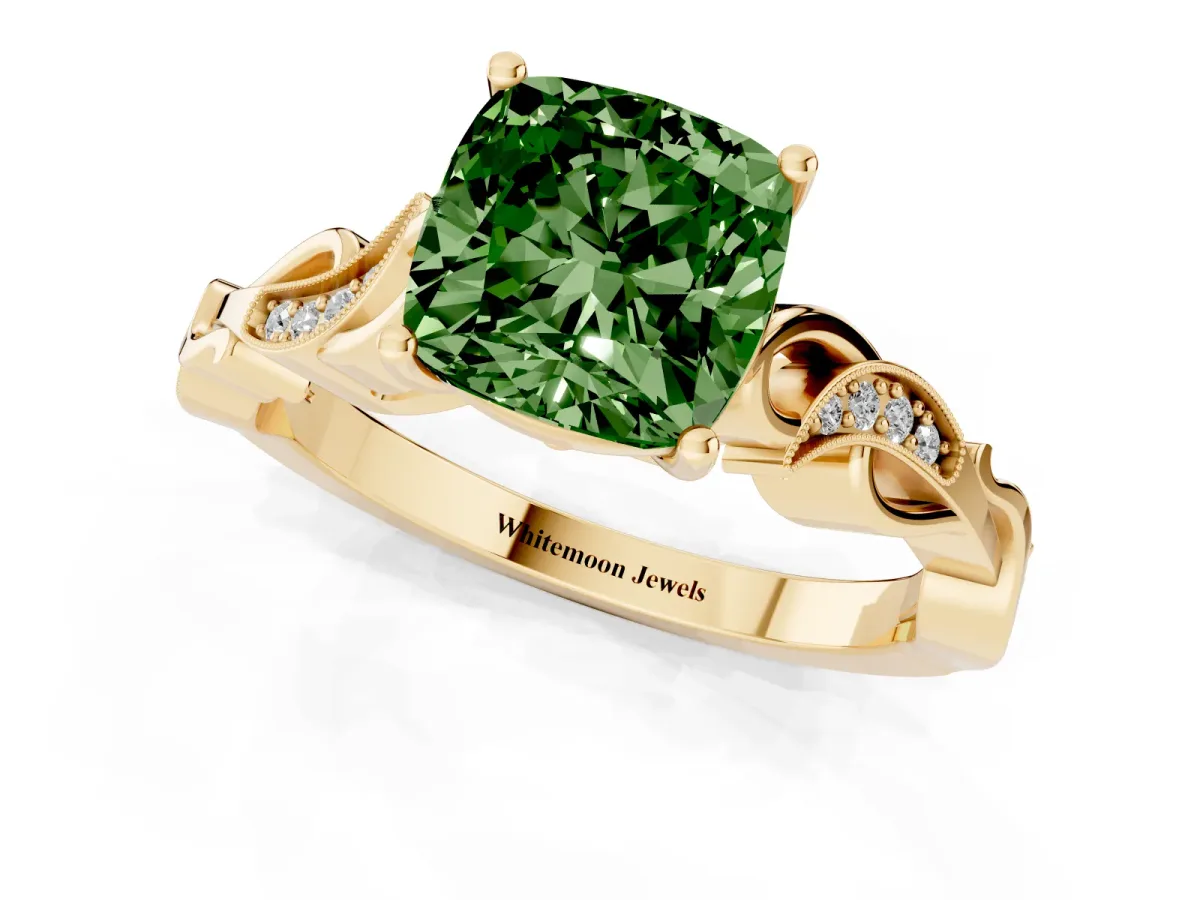 Fancy Green Cushion Cut Solitaire Vine Band with Milgrain Prong Setting Yellow gold