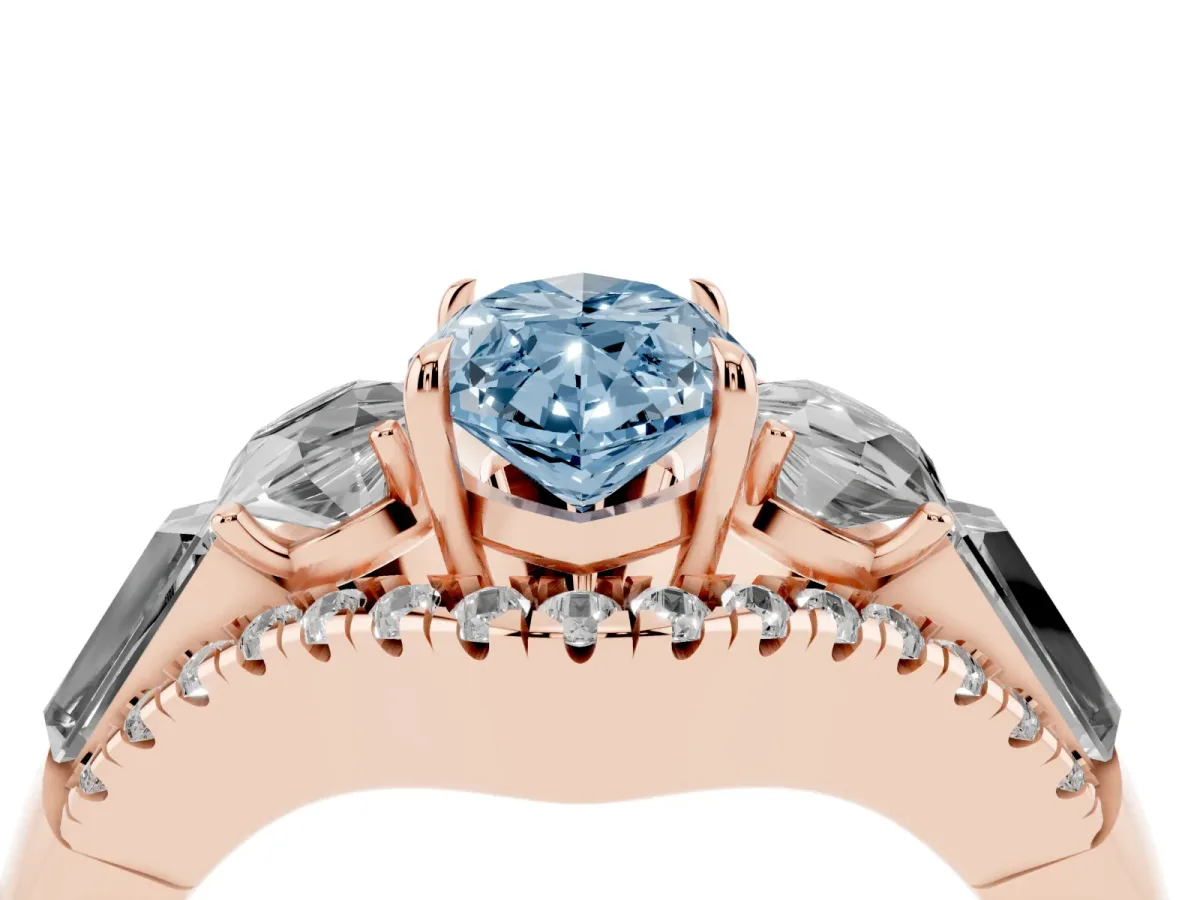 Fancy Blue Three-Stone Marquise Cut Diamond Engagement Ring with Pave Band and Prong Setting Rose gold