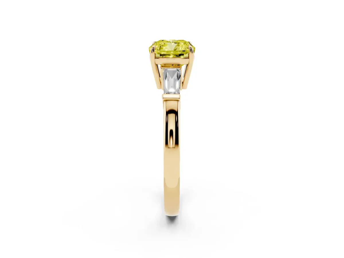 Fancy Yellow Cushion Cut Diamond Three-Stone Ring with Tapered Baguette Side Stones and Prong Setting Yellow gold