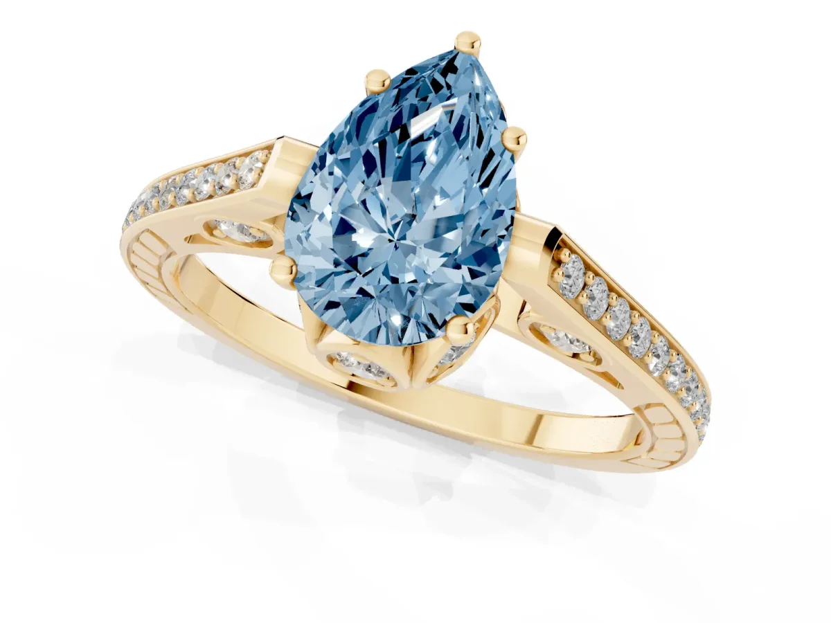 Fancy Blue Pear Cut Cut Cathedral Pave Diamond Engagement Ring with Six-Prong Setting Yellow gold