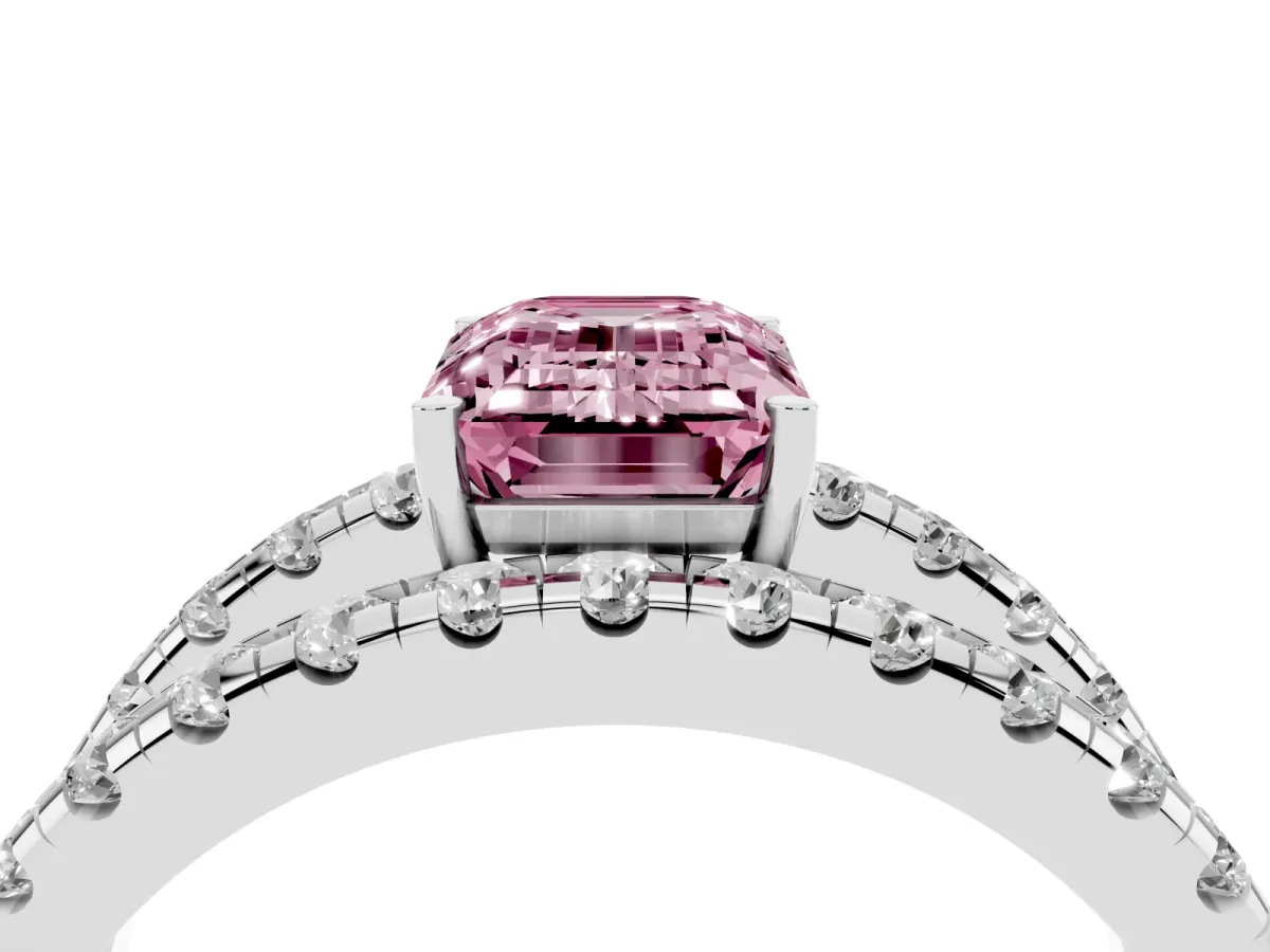 Fancy Pink Emerald Cut Solitaire Split Shank Pave Diamond Ring Silver