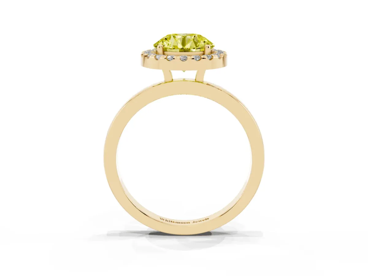Fancy Yellow Round Cut Halo Diamond Solitaire with Pavé Band and Four-Prong Setting Yellow gold