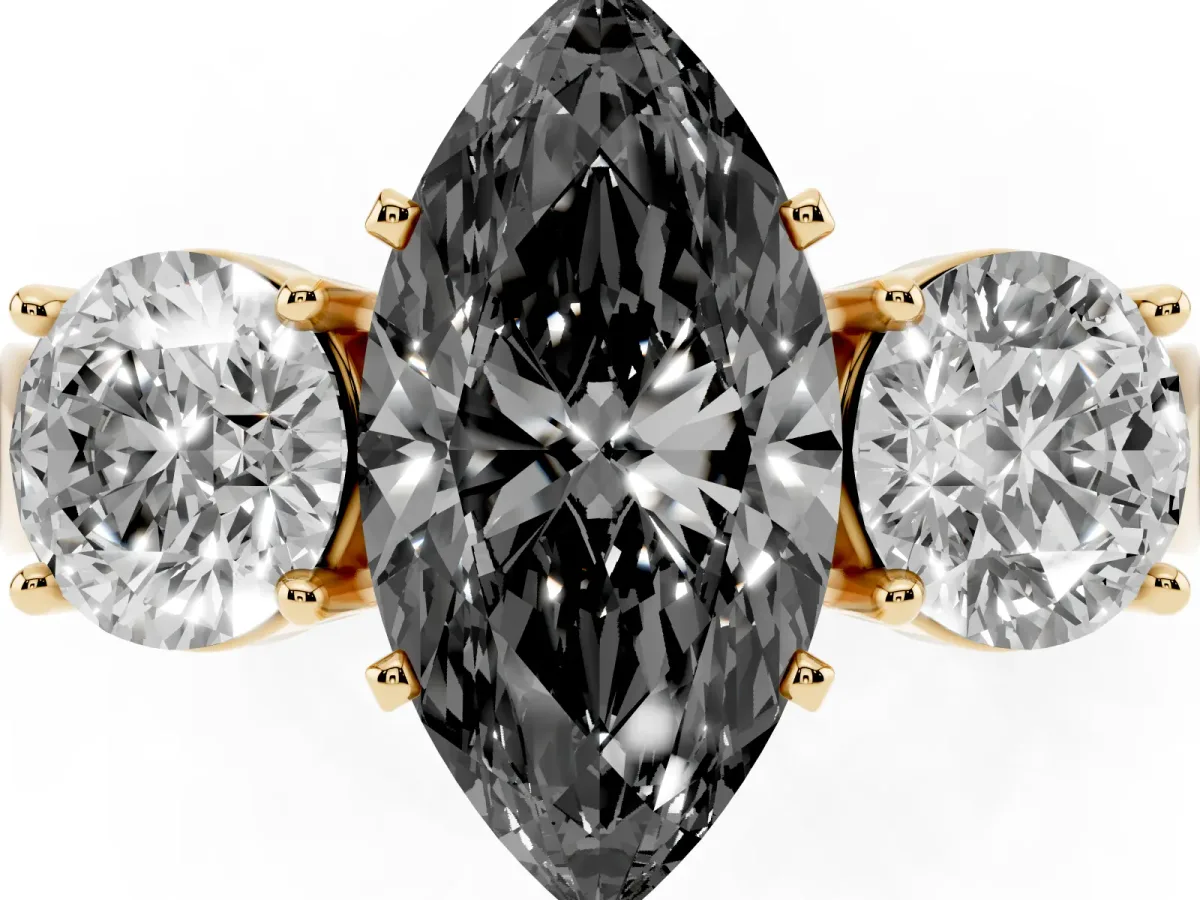 Fancy Black Three-Stone Marquise Cut Diamond Ring with Round Side Stones, Classic Band, and Four-Prong Setting Yellow gold
