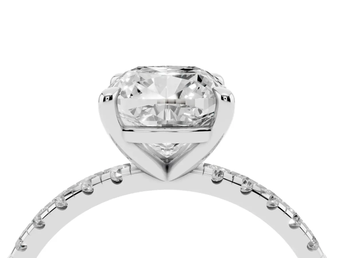 Cushion Cut Diamond Brilliant Solitaire Ring with Pavé Band and Four-Prong Setting Platinum