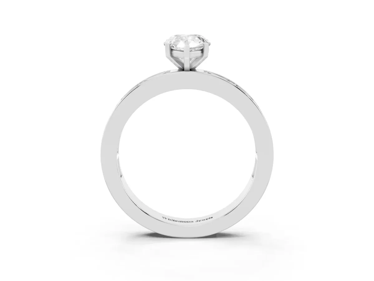 Pear Cut Solitaire Diamond Ring with Channel-Set Baguette Band and Four-Prong Setting White gold