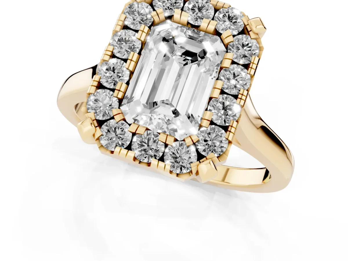 Emerald Cut Diamond Cluster Halo Solitaire with Four-Prong Setting Yellow gold