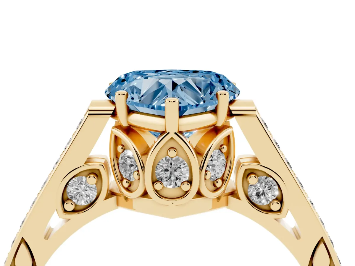 Fancy Blue Heart Cut Cut Cathedral Pave Diamond Engagement Ring with Six-Prong Setting Yellow gold