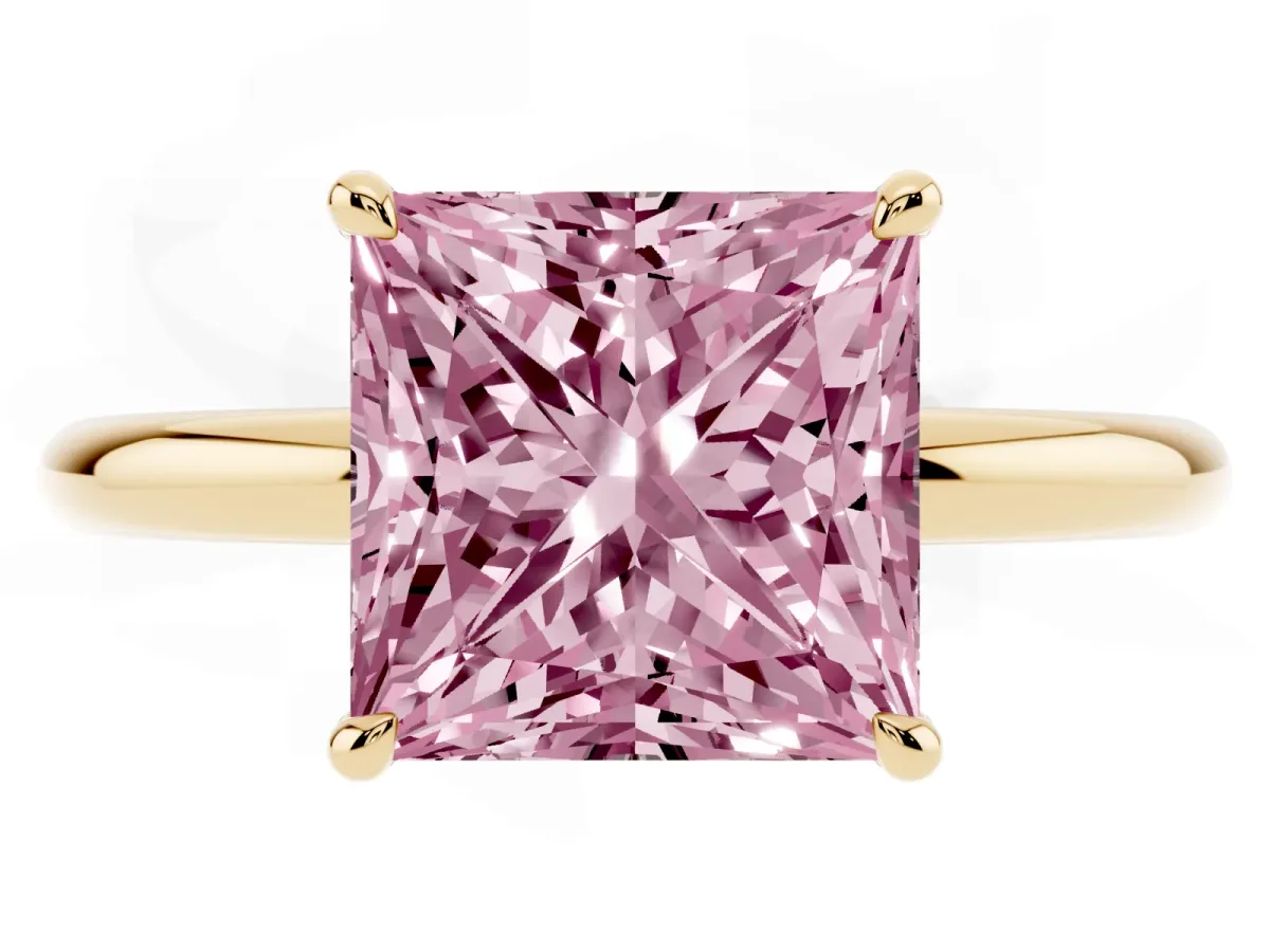 Fancy Pink Princess Cut Diamond Solitaire Ring with Thin Band and Four-Prong Setting Yellow gold