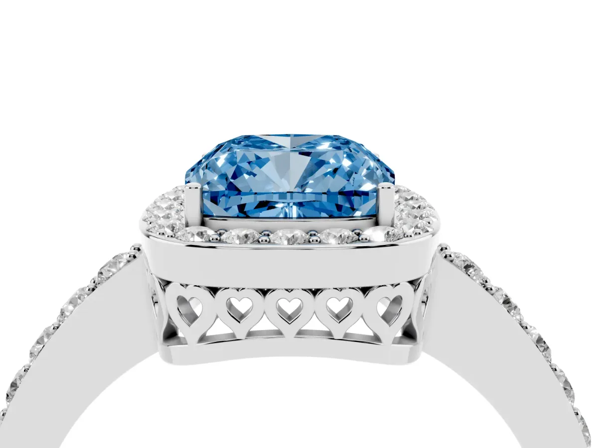 Fancy Blue Cushion Cut Halo Diamond Pavé Band Ring with Prong Setting Silver