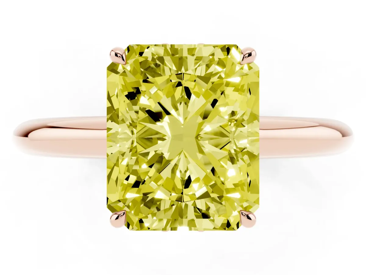 Fancy Yellow Radiant Cut Brilliant Solitaire Engagement Ring with Six-Prong Setting and Classic Band Rose gold