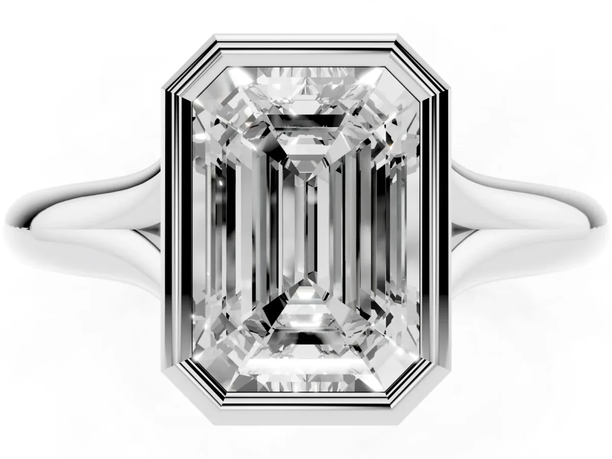 Bezel Set Emerald Cut Solitaire Diamond Ring with Smooth Band Silver