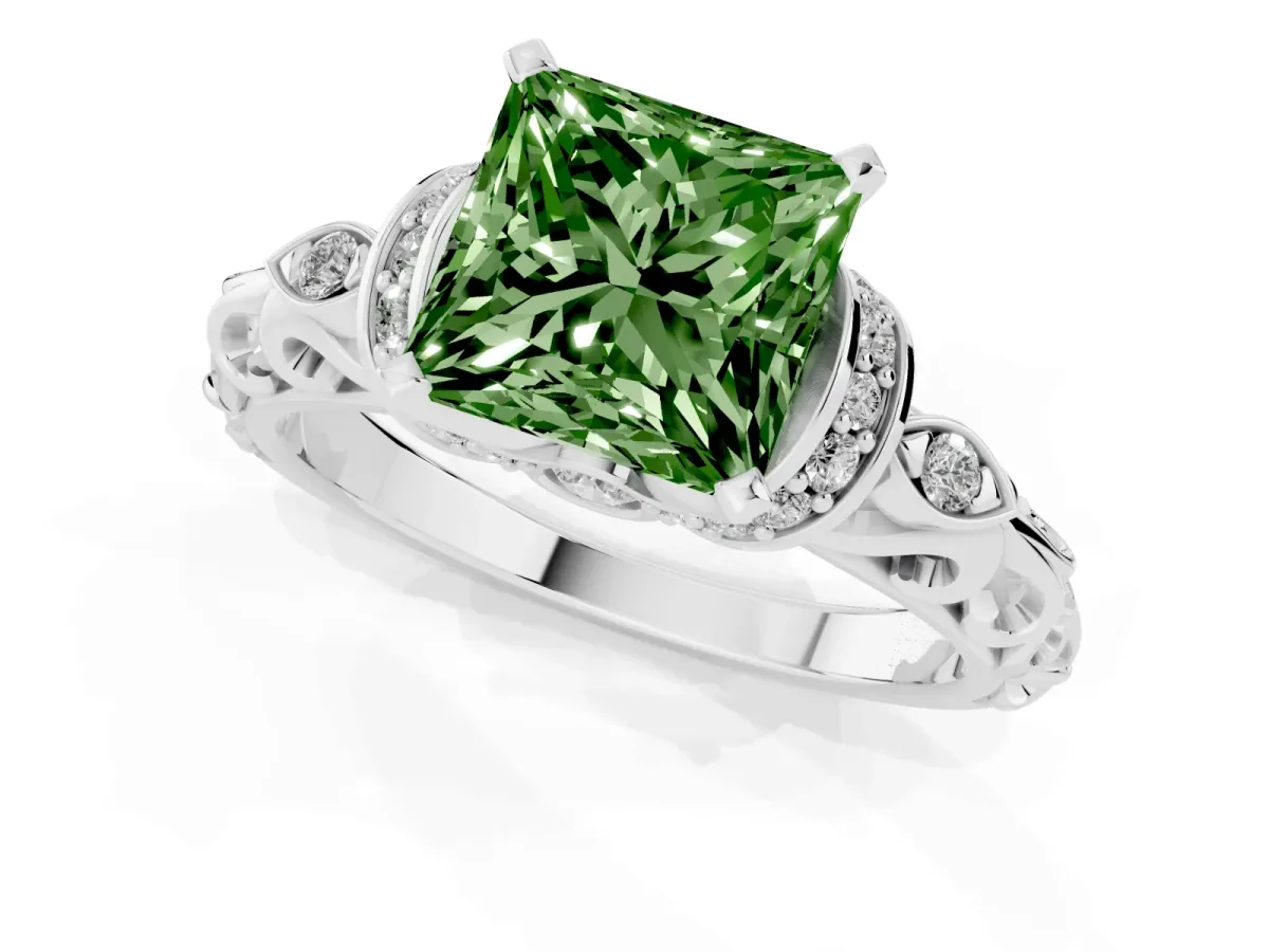 Fancy Green Princess Cut Diamond Solitaire Ring with Filigree Band and Four-Prong Setting Silver