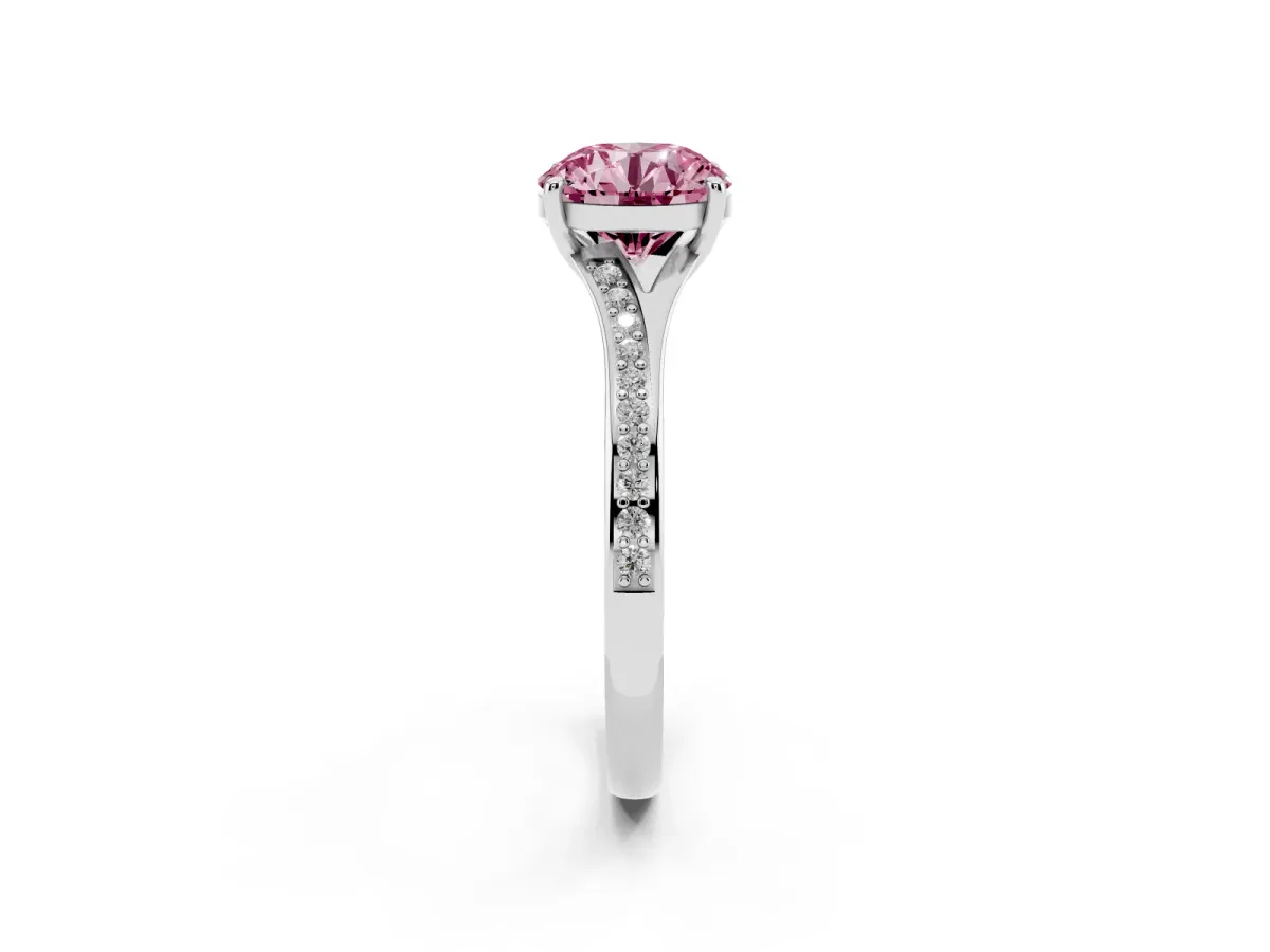 Fancy Pink Round Cut Diamond Solitaire Ring with Pavé Band and Prong Setting Silver