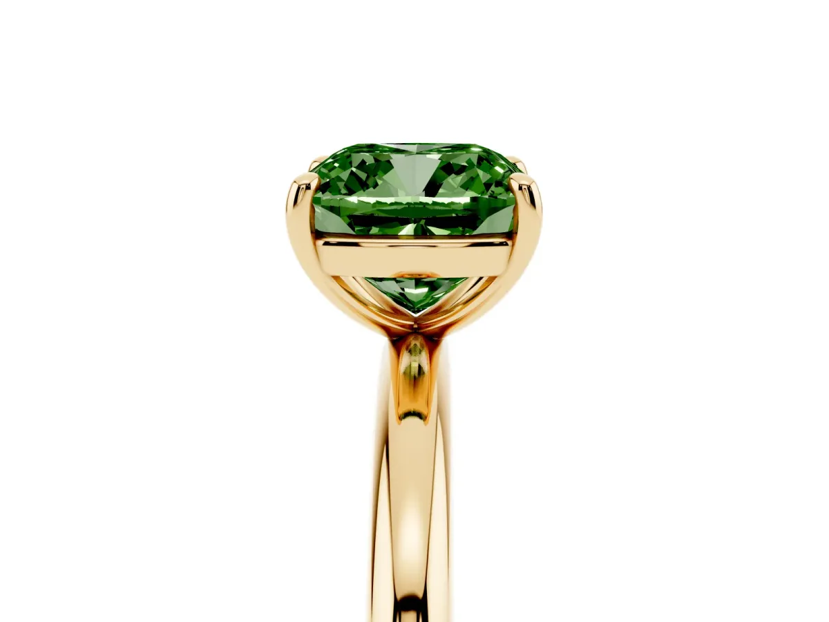 Fancy Green Cushion Cut Solitaire Diamond Ring with Four-Prong Setting on a Plain Band Yellow gold