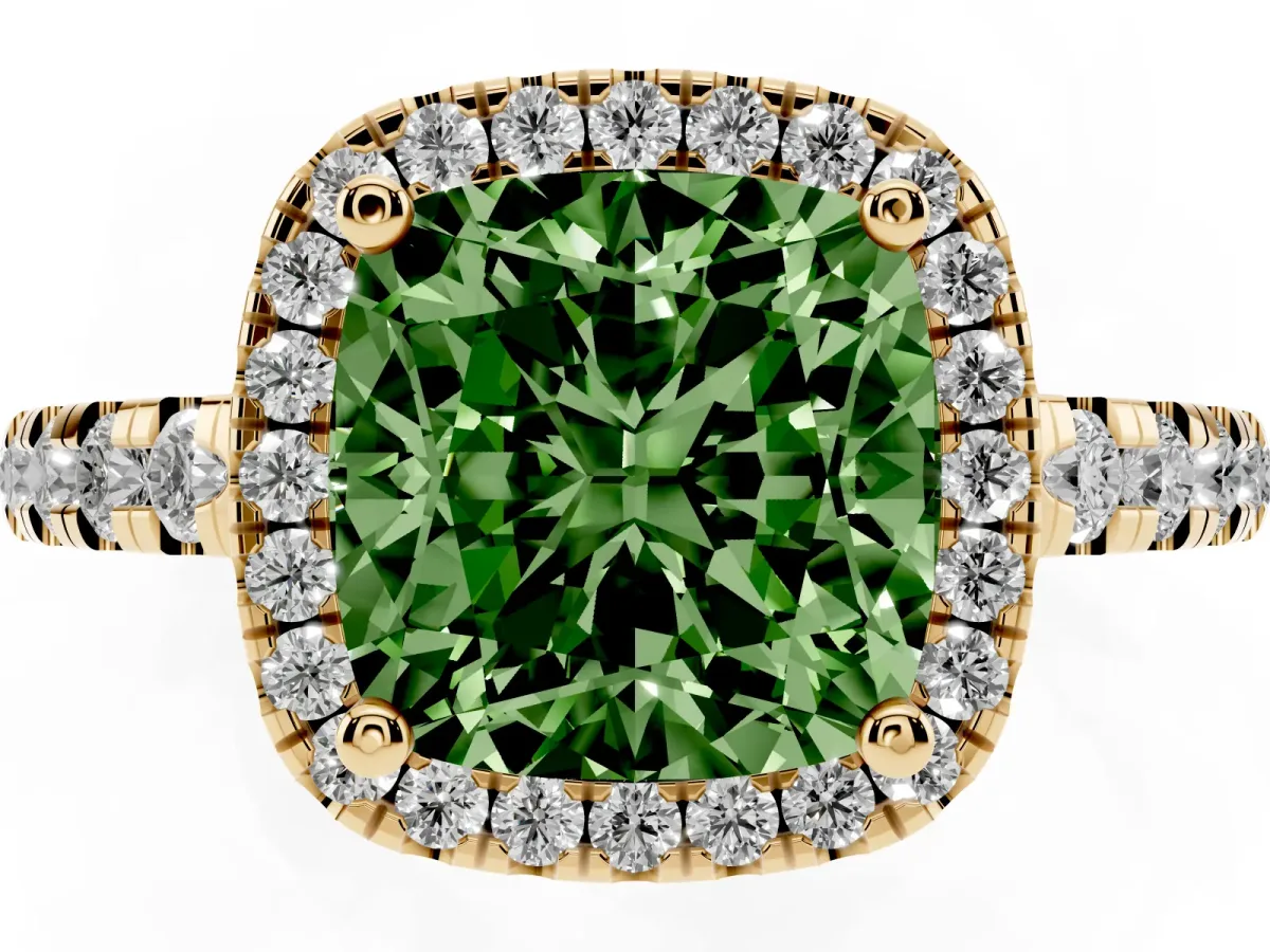 Fancy Green Cushion Cut Diamond Halo Ring with Pavé Band and Four-Prong Setting Yellow gold