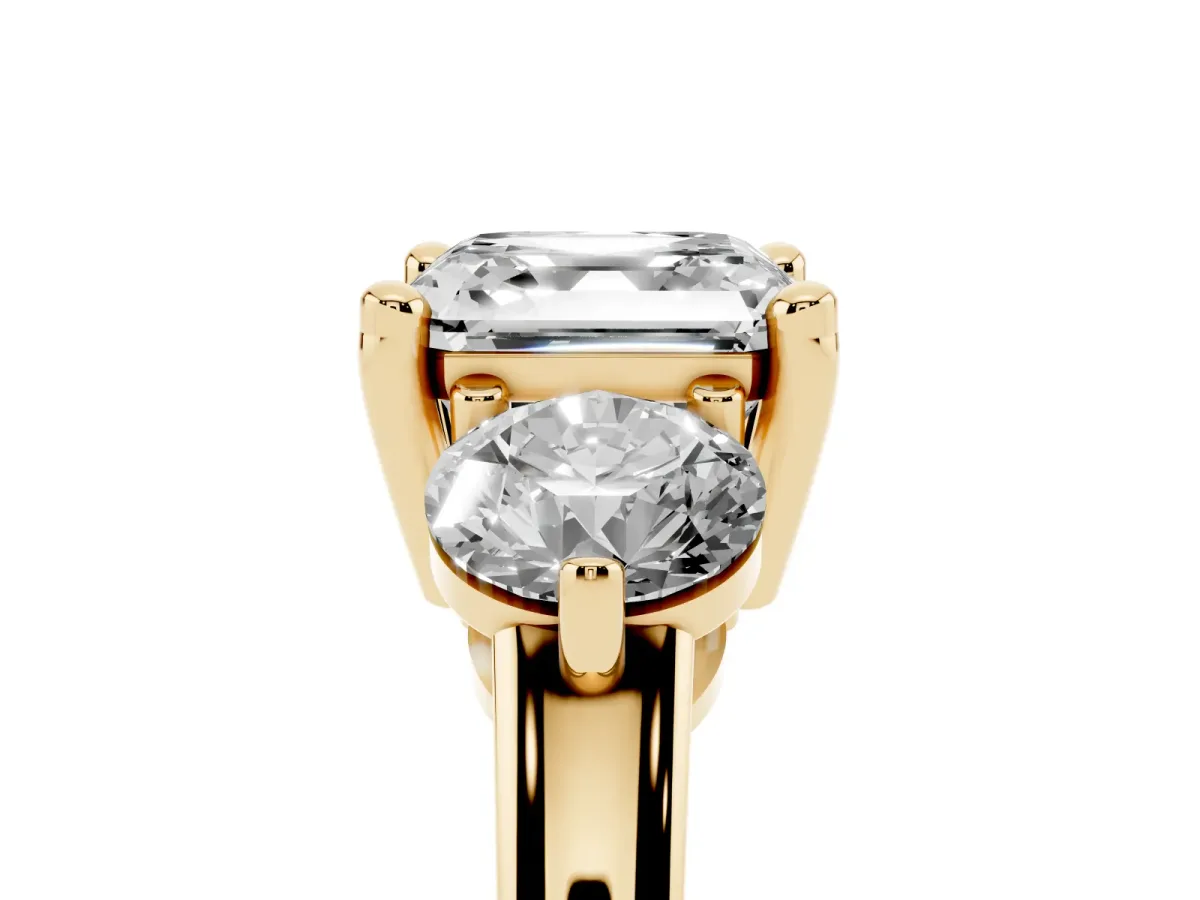 Three-Stone Asscher Cut Brilliant Cut Solitaire Ring with Prong Setting on a Classic Band Yellow gold