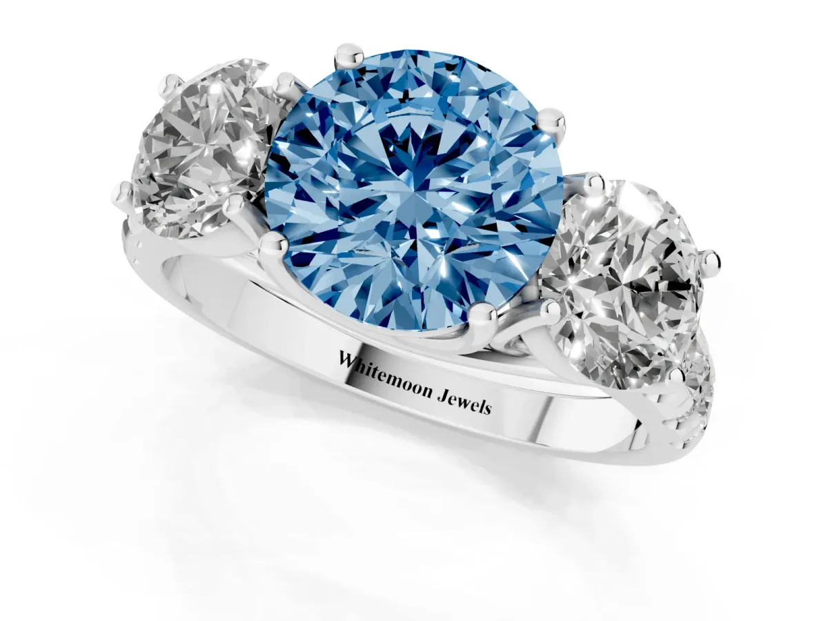 Fancy Blue Three-Stone Round Cut Diamond Pavé Band with Prong Setting Platinum