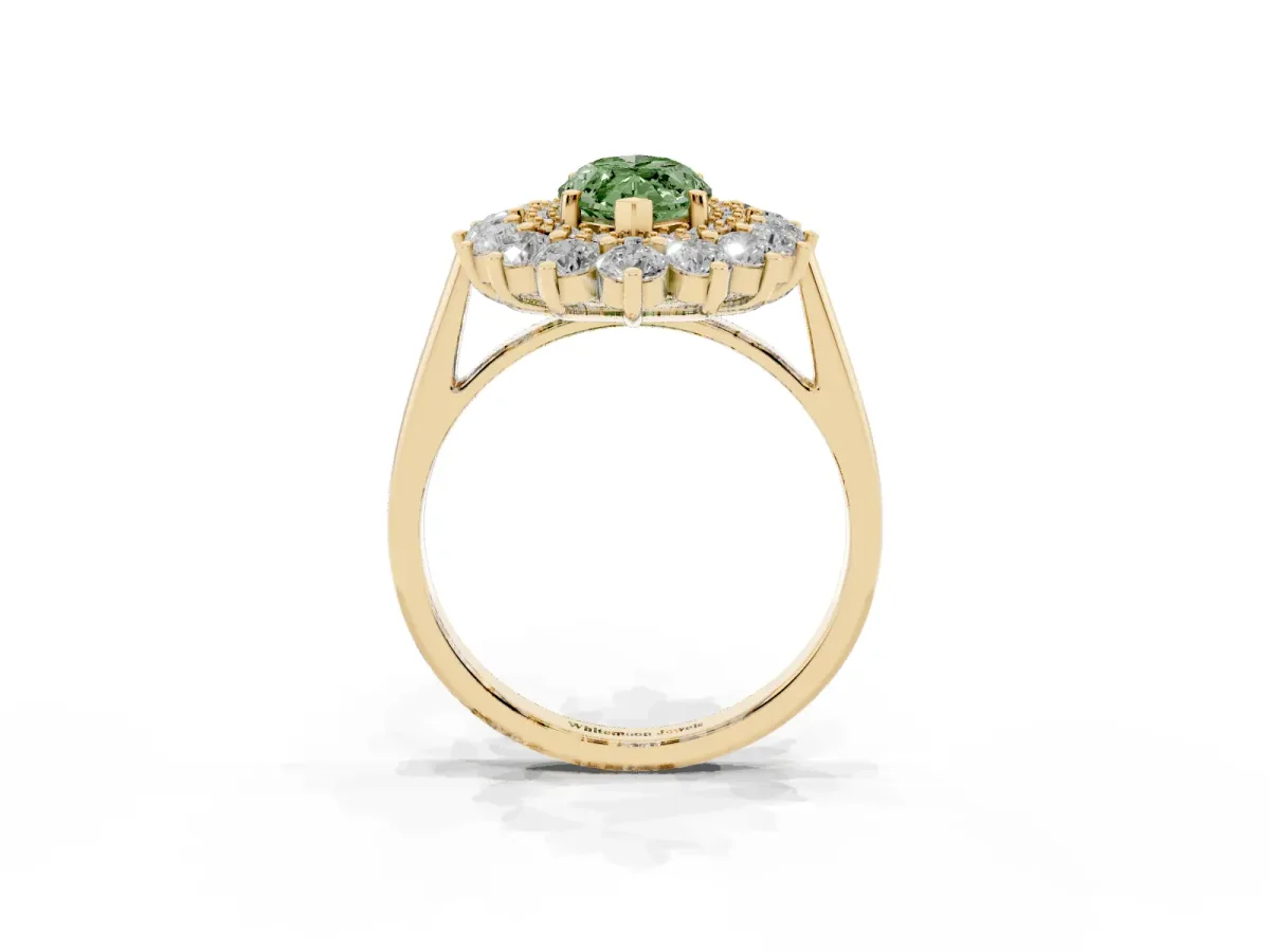 Fancy Green Marquise Cut Diamond Floral Double Halo Engagement Ring with Prong Setting Yellow gold